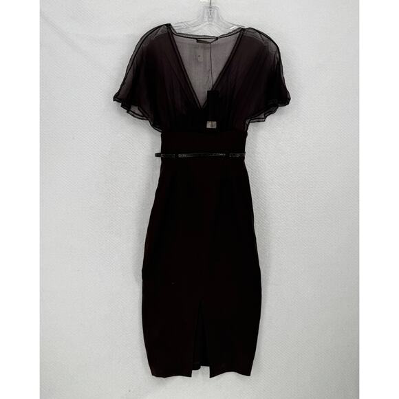 Black Halo Dila Brown V Neck Belted Short Sleeve Fitted Sheath Dress Sz XS NEW - Picture 3 of 5